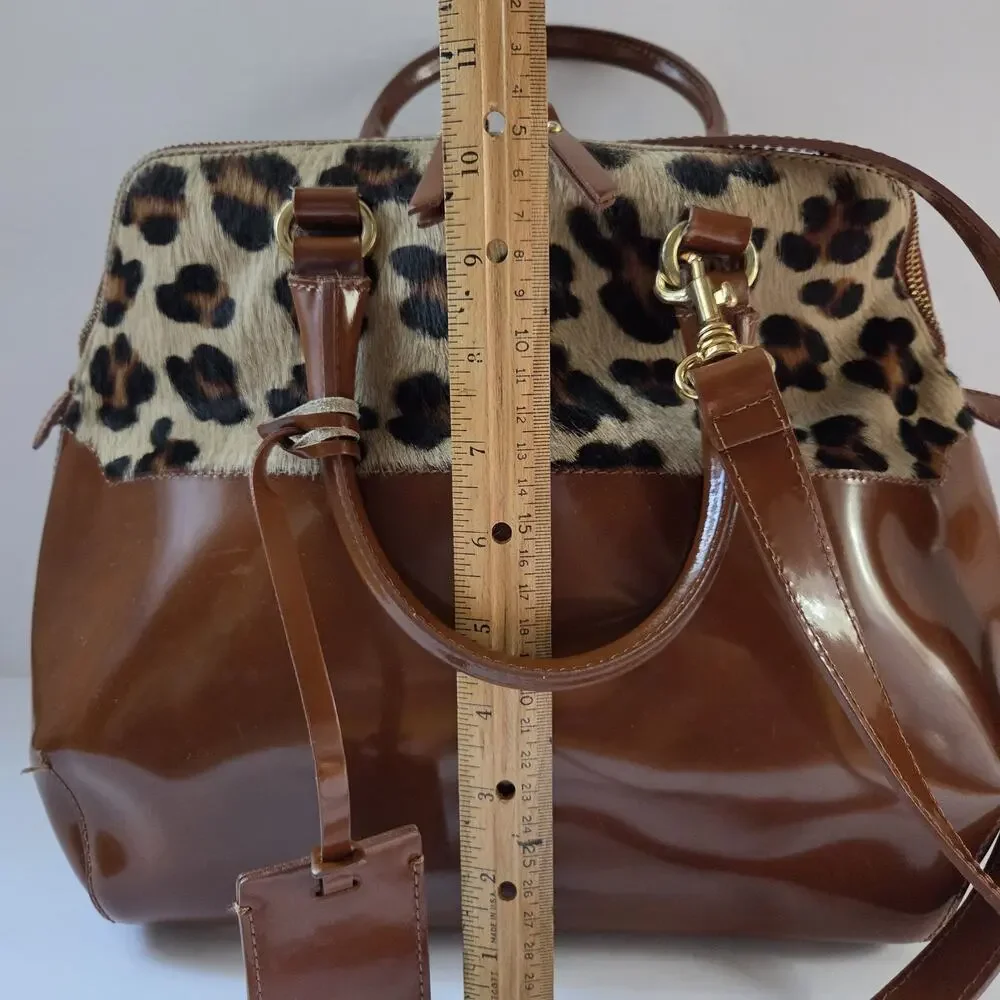 IACUCCI Italy Leather Leopard Haircalf Satchel Bag Brown Gold Hardware